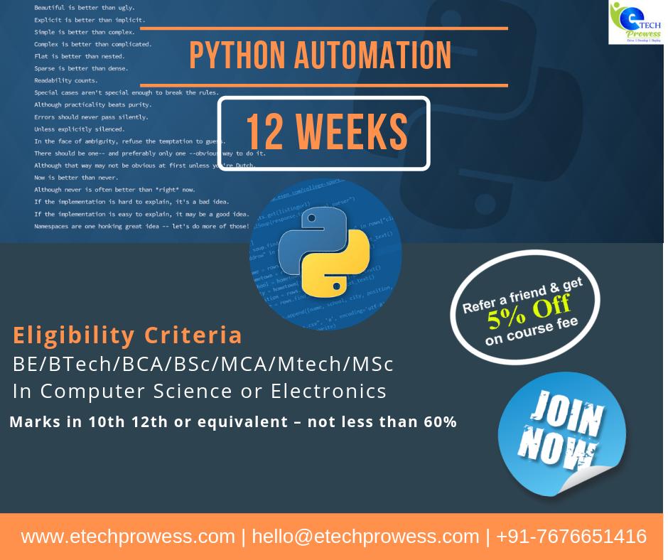 EtechProwess's tweet image. Python automation training in JP Nagar, Bangalore
For More Details: etechprowess.com
Call no : +91-7676651416
#PythonprogrammingcourseinBangalore
#PythonprogrammingtutorialinBangalore
#PythonprogrammingcourseinJPnagar
#PythonprogrammingtutorialinJpNagar