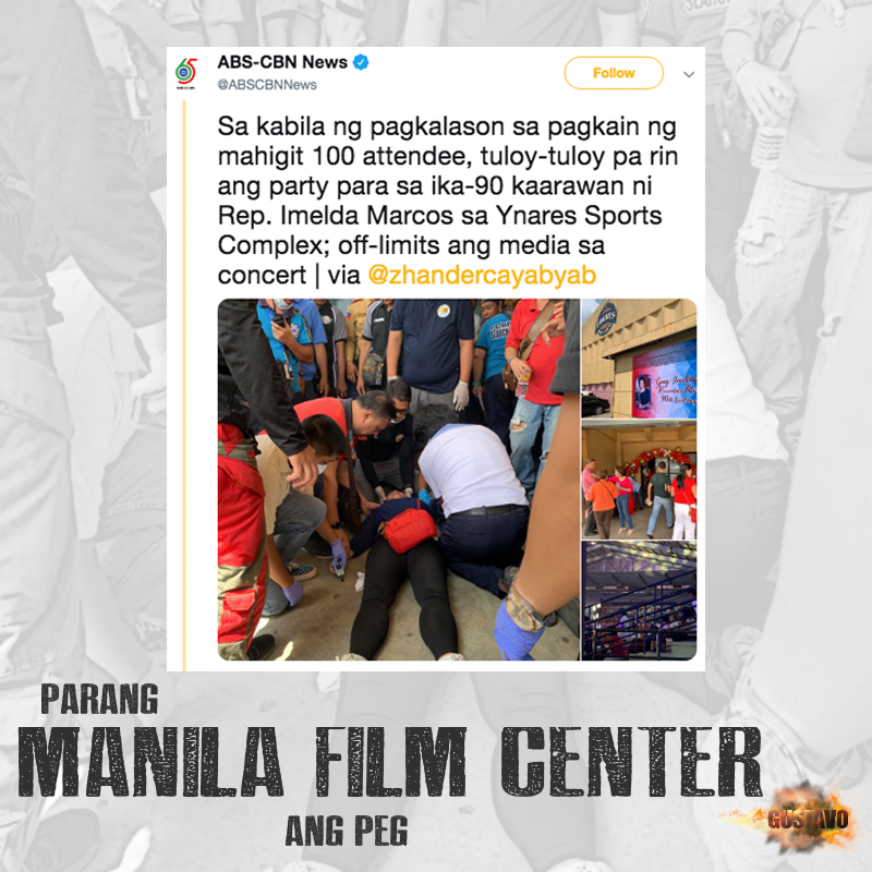 senyorgustav0's tweet photo. Sa kabila ng pagkalason ng kanyang mga bisita, tuloy-tuloy ang party ni Madam Imelda. Parang Manila Film Center ang peg di ba? Tsk. Tsk. Tsk. https://t.co/CLUcyQ7vBv