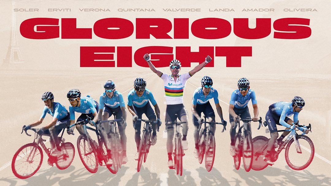 Movistar_Team's tweet photo. This #TDF2019 lineup poster from our friends at #abuscycling 💯🔝🎩👏 #GloriousEight #performanceprotection #RodamosJuntos https://t.co/MmtVXVinwP