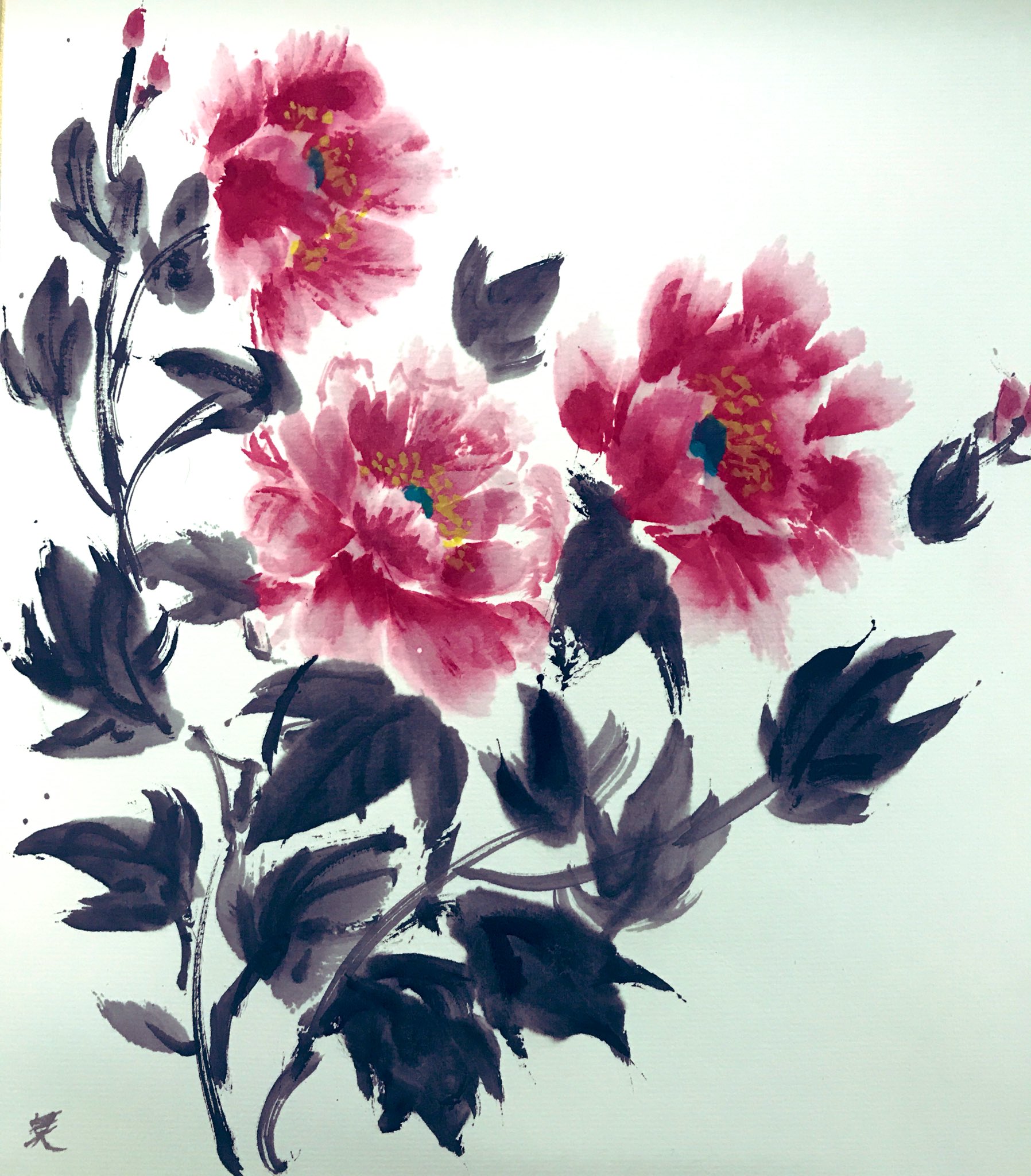 墨絵　牡丹(ボタン）