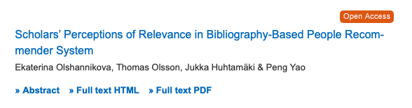 jnkka's tweet photo. Our #socialmatching article is out and available as #openaccess:

Scholars’ Perceptions of Relevance in Bibliography-Based People Recommender System

w/ @0lshannikova @TDOlsson and Peng Yao /cc @TampereUni #MatchingPeople

https://t.co/ZePpuydkSc https://t.co/H0QytWjGeE