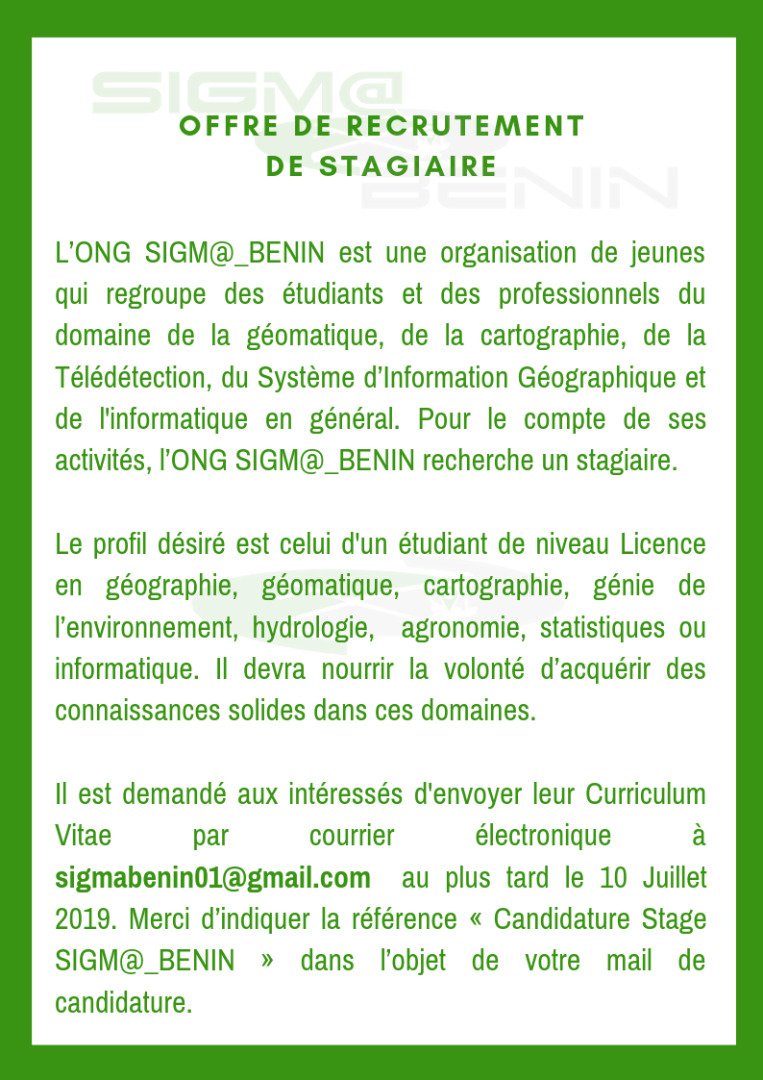 SIGMABENIN's tweet photo. Offre de recrutement de stagiaire au sein de l'ONG @SIGMABENIN https://t.co/pSb7hpUOVP
