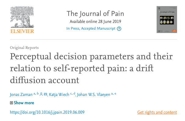 New paper by Zaman, Wiech, and @JohannesVlaeyen: Perceptual decision parameters and their relation to self-reported #pain: a drift diffusion account (sciencedirect.com/science/articl…)