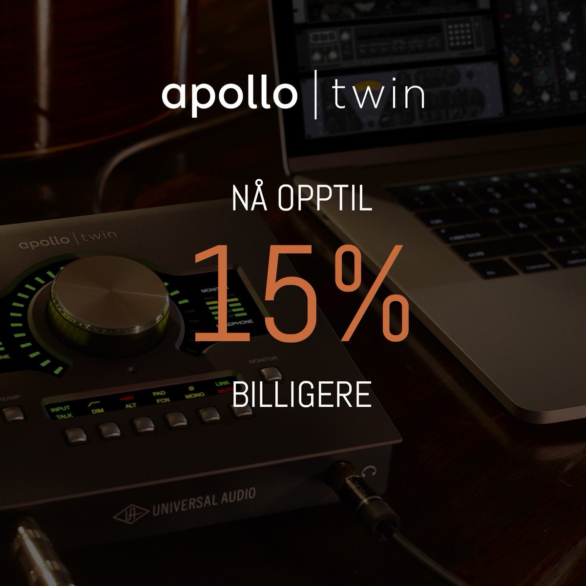 Vi skrur ned prisene fra 10-15% på Apollo Twin fra <a href="/UAudio/">Universal Audio</a>. Apollo Twin kommer i de ulike variantene Solo, Duo og Quad. Mye kraft i portabelt interface!