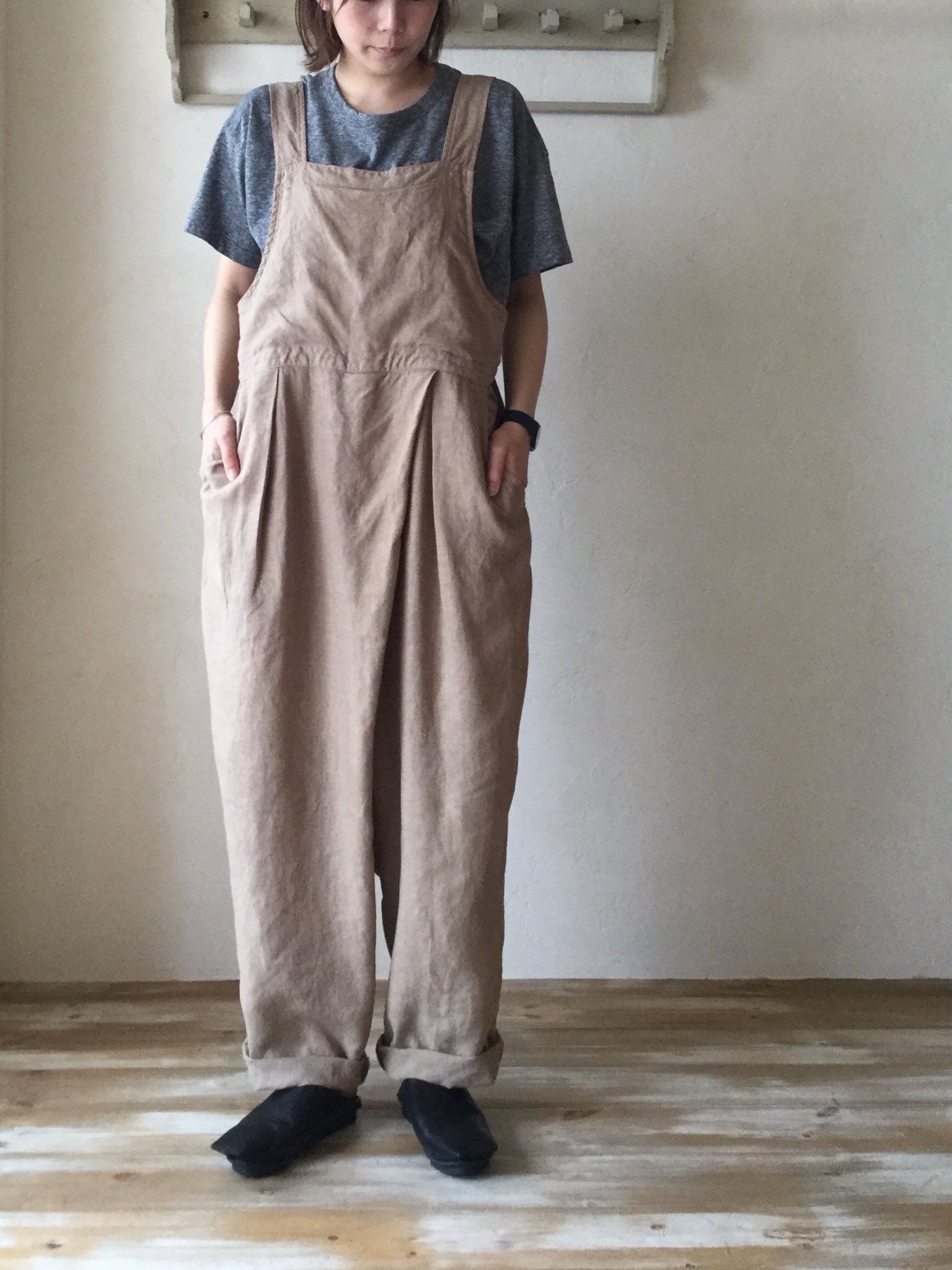 nest Robe リネンタックサロペット 黒 オーバーオール