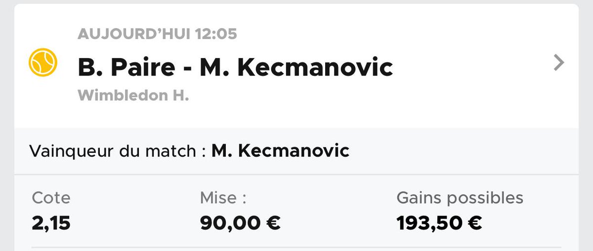 PronosLello's tweet image. Prono Wimbledon 🎾

Paire vs Kecmanovic  :
Win Kecmanovic 2.15

♻️ et ❤ pour soutenir !!