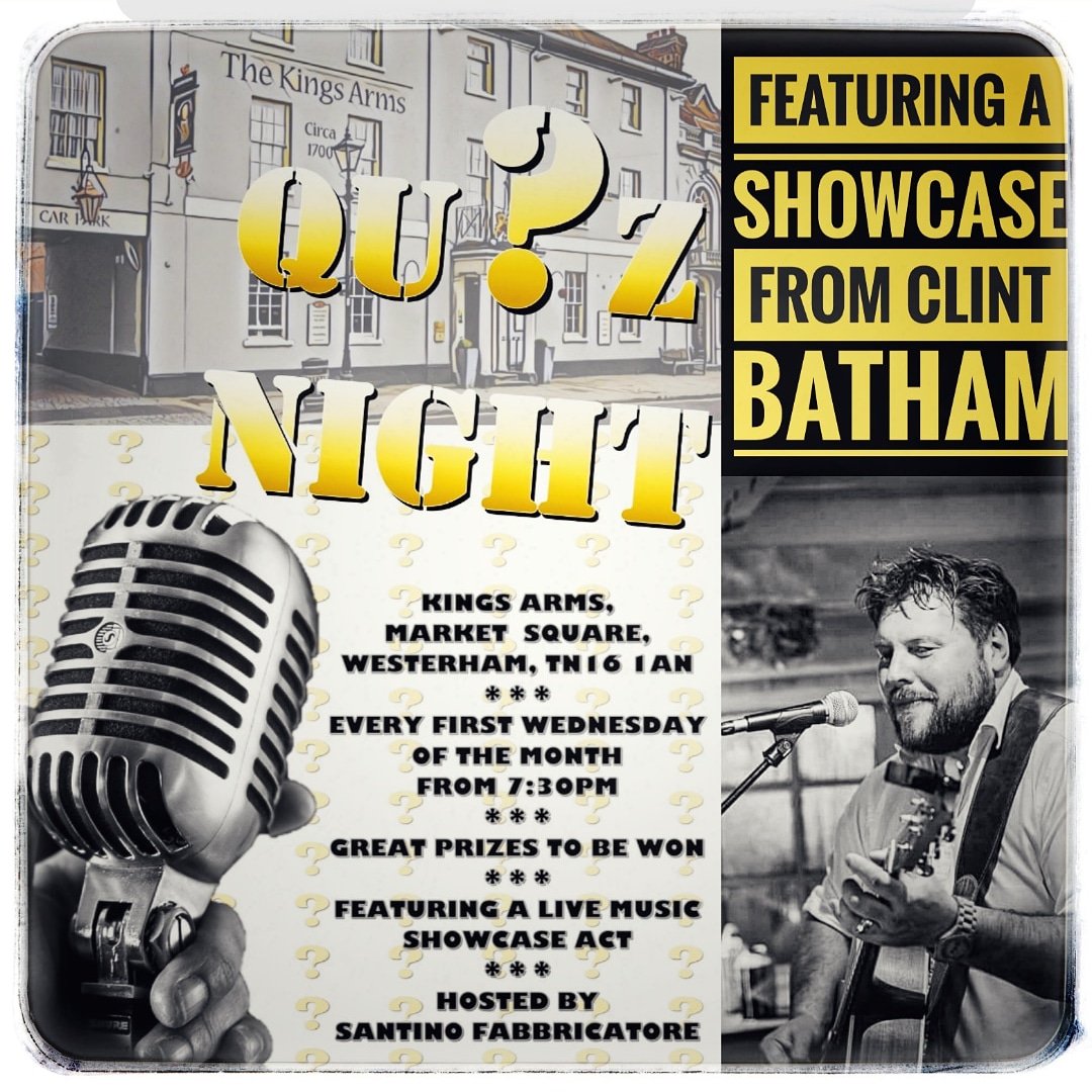 Quiz tonight 3rd July at the Kings Arms in Westerham. We've also a showcase from Singer/ Guitarist Clint Batham. Come down to test your minds & listen to some great live music.
#quiznight #kingsarms #westerham #sevenoaks #bigginhill #kent #kentquiznight #greenekingpubs #livemusic