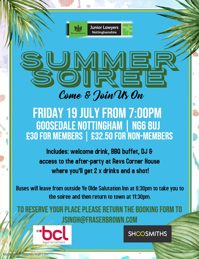 Summer Soiree – 19 July 2019 – Goosedale Nottingham NG6 8UJ
This year we’re heading to the fabulous Goosedale in Nottingham where we’ll be offering an evening of dancing, drink and food. The event is kindly being sponsored by Shoosmiths Solicitors and BCL Legal Recruitment.