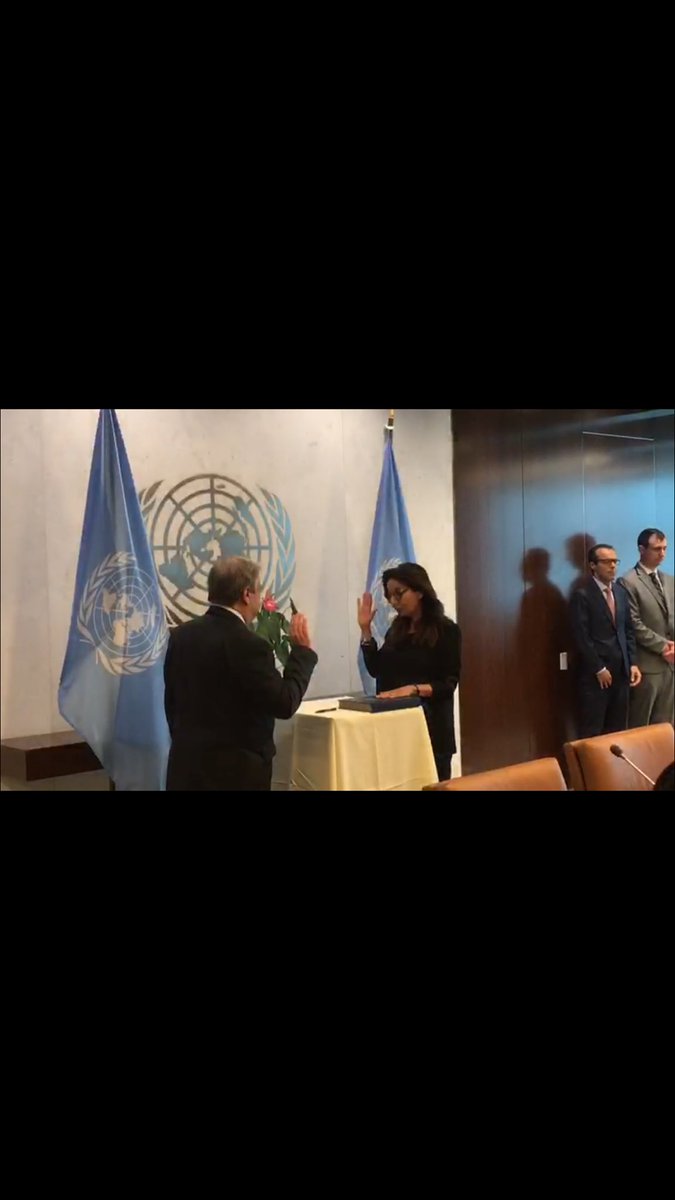 Devant A.Guterres, Najat M’Jid prête serment au poste 2 Représentante spéciale chargée 2 la violence contre les enfants avec rang 2 Sous-Secrétaire generale. Quelle fierté,Najat ton engagement nous honore ⁦⁦@ONUFemmesMghrb⁩ ⁦<a href="/DrissElyazami/">Driss El Yazami</a>⁩  ⁦<a href="/AminaBouayach/">Amina Bouayach</a>⁩