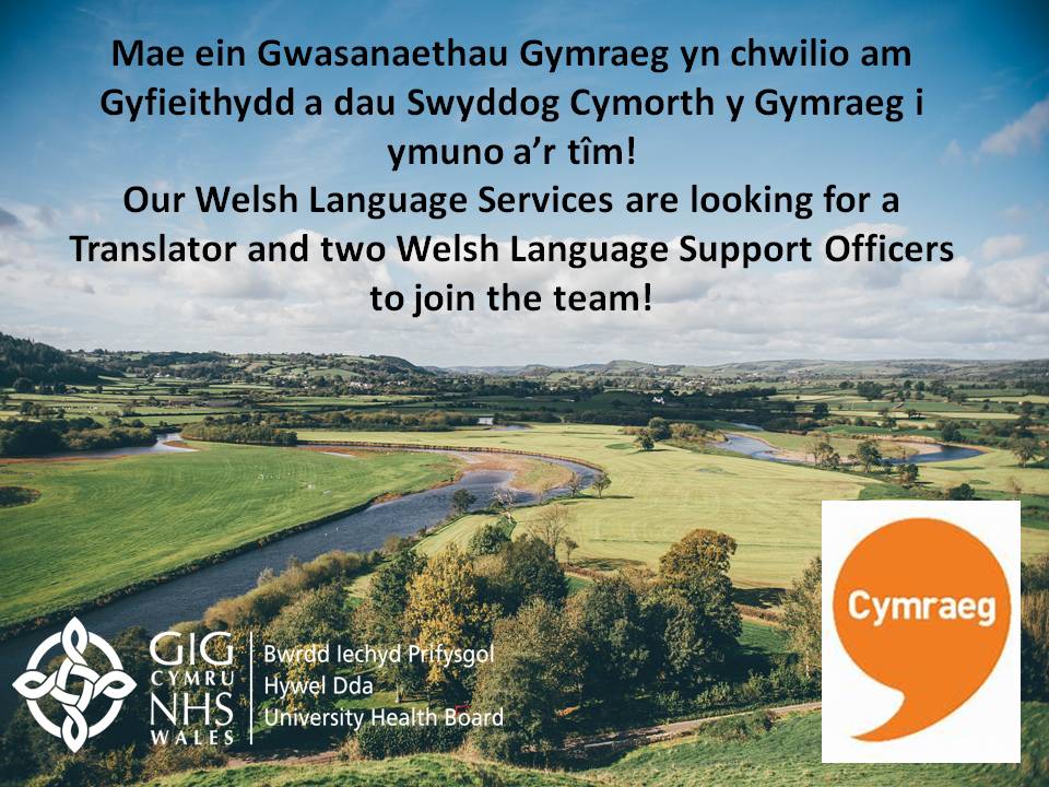 Mae Gwasanaethau’r Gymraeg yn chwilio am Gyfieithydd a dau Swyddog Cymorth y Gymraeg i ymuno a’r tîm.Cyfle arbennig i berson brwdfrydig sydd eisiau gwneud gwahaniaeth i ddefnyddwyr y gwasanaeth iechyd.Dilynwch y ddolen am fwy o wybodaeth…jobs.hywelddauhb.wales.nhs.uk/job_list/s7/Ad…