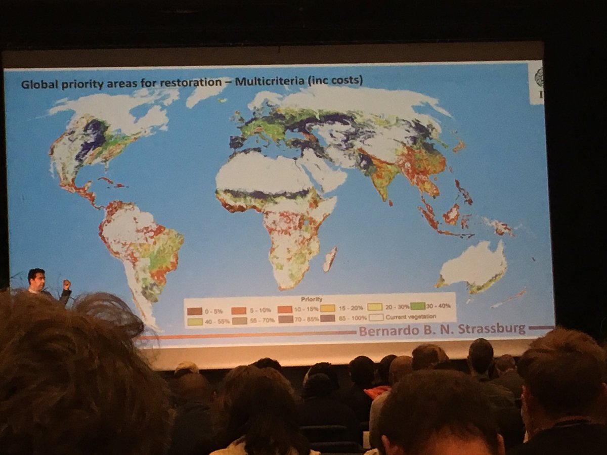 dilysroe's tweet image. Fascinating map presented by Bernardo Strassburg of IIS showing priority restoration areas if you factor in biodiversity, carbon and minimising opportunity costs #Trondheim
