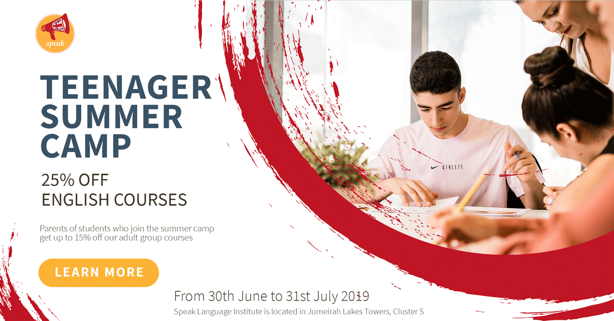 afterschoolAE's tweet photo. Get 25% OFF English courses for teenagers this summer at Speak English Language Institute JLT. This teenager summer course is taught by qualified British teachers and takes place in the afternoon from 4PM to 5:30PM on Mondays &amp; Wednesdays in JLT. 

https://t.co/nCge5IKqfx https://t.co/ETgOfI43NT