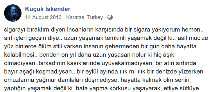 'sigarayı bıraktım diyen insanların karşısında bir sigara yakıyorum hemen.. sırf içleri geçsin diye..'

#Küçükİskender #AkciğerKanseri #Sigara

facebook.com/14932521842662…