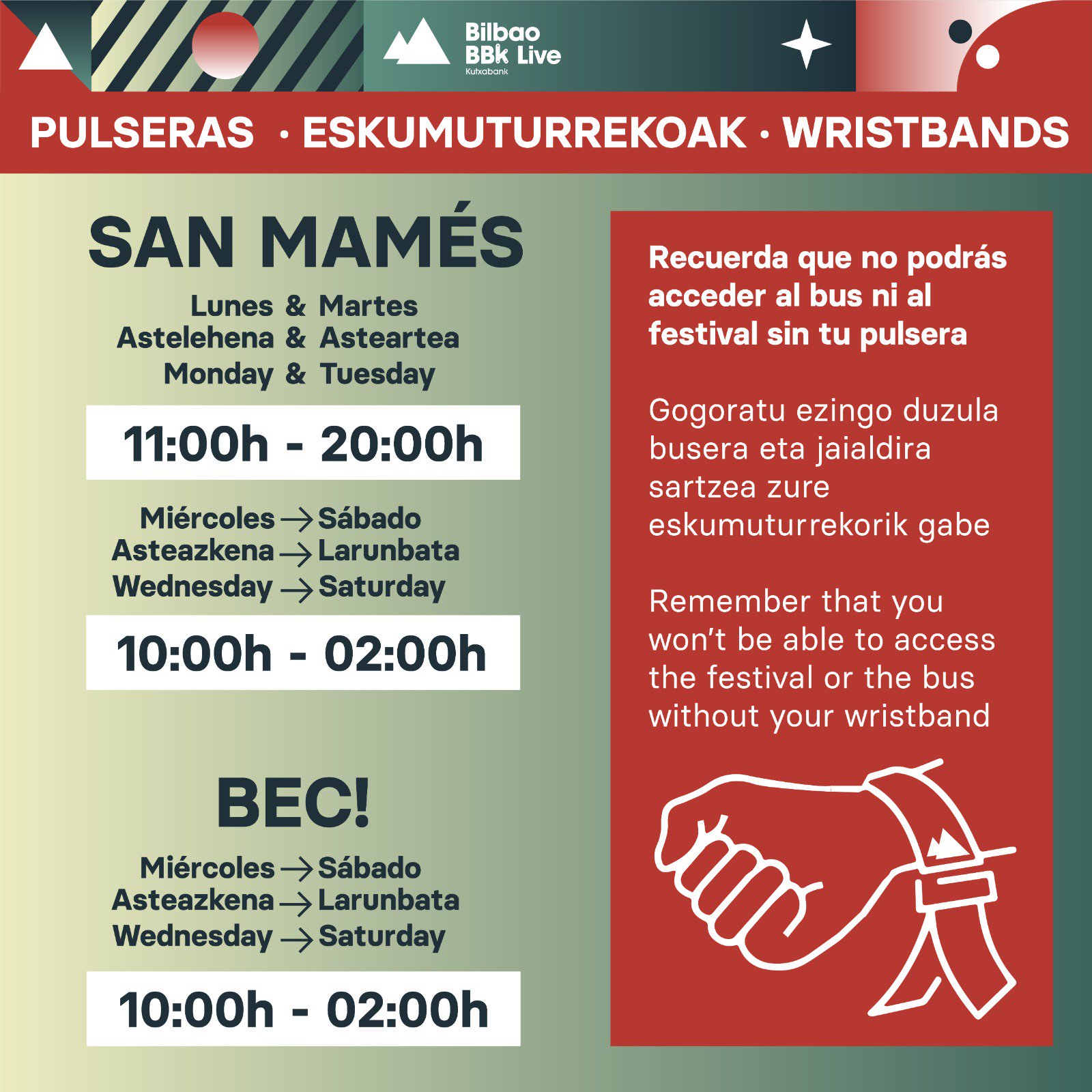 Bilbao BBK Live on Twitter: tu pulsera del #BilbaoBBKLive desde el lunes y martes en San Mamés y a partir del miércoles también en el Bec! No podrás a los