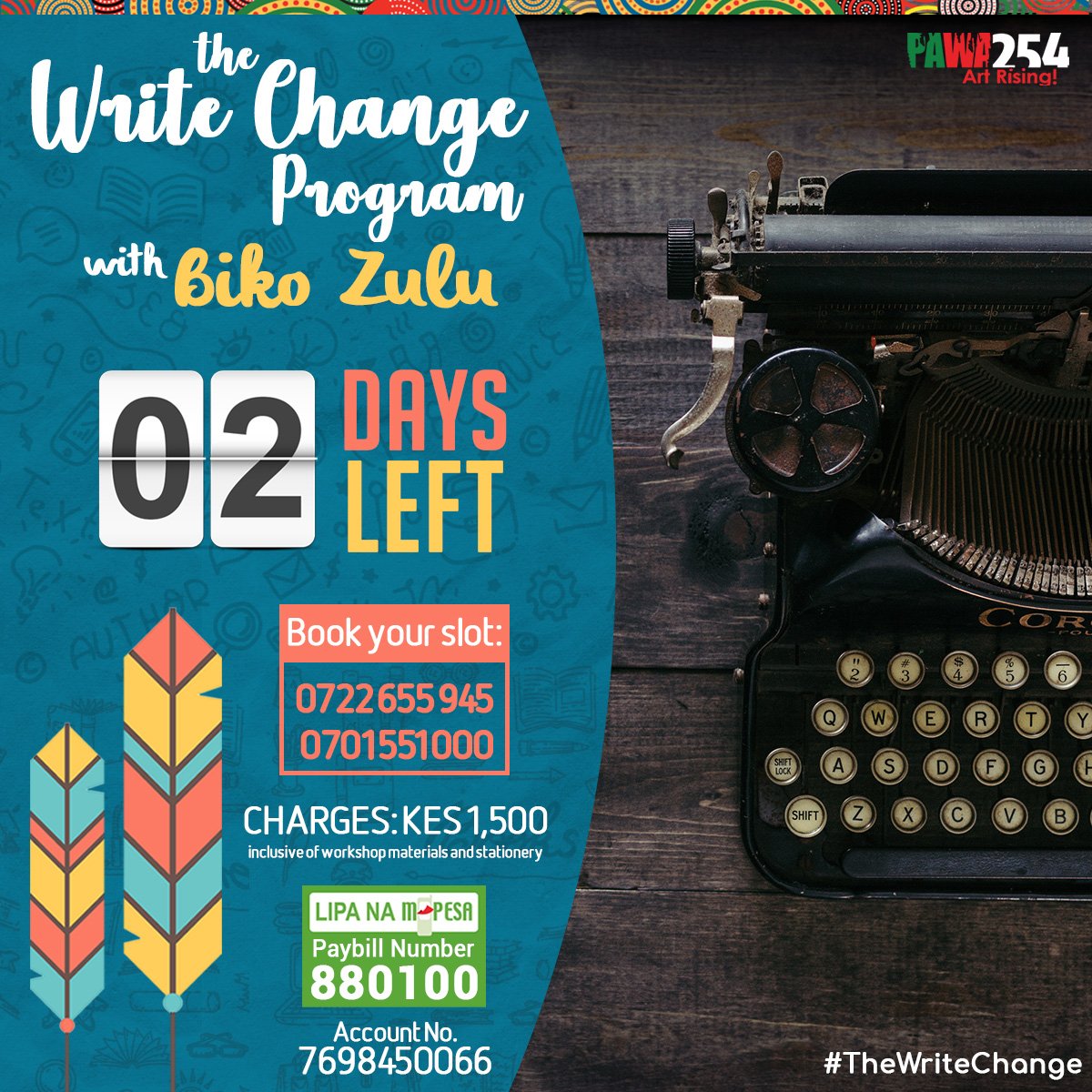 Pawa254's tweet photo. This Friday July 5th, we are hosting a creative writing masterclass with Biko Zulu. If you are a writer, come out and lets leverage on the power of writing. If you know a writer who should attend. Please tag them or RT
#TheWriteChange https://t.co/lvhUcgKw7s