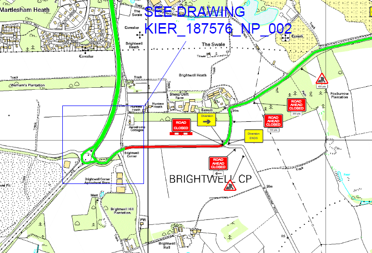 Suff_highways's tweet photo. An emergency closure will be in place along Waldringfield Road, #Brightwell (as shown below) between 6.30pm and 10pm this evening, for pothole and gulley repairs. Please follow the diversion. #SuffolkRepairs https://t.co/Wm5CT3zdeZ