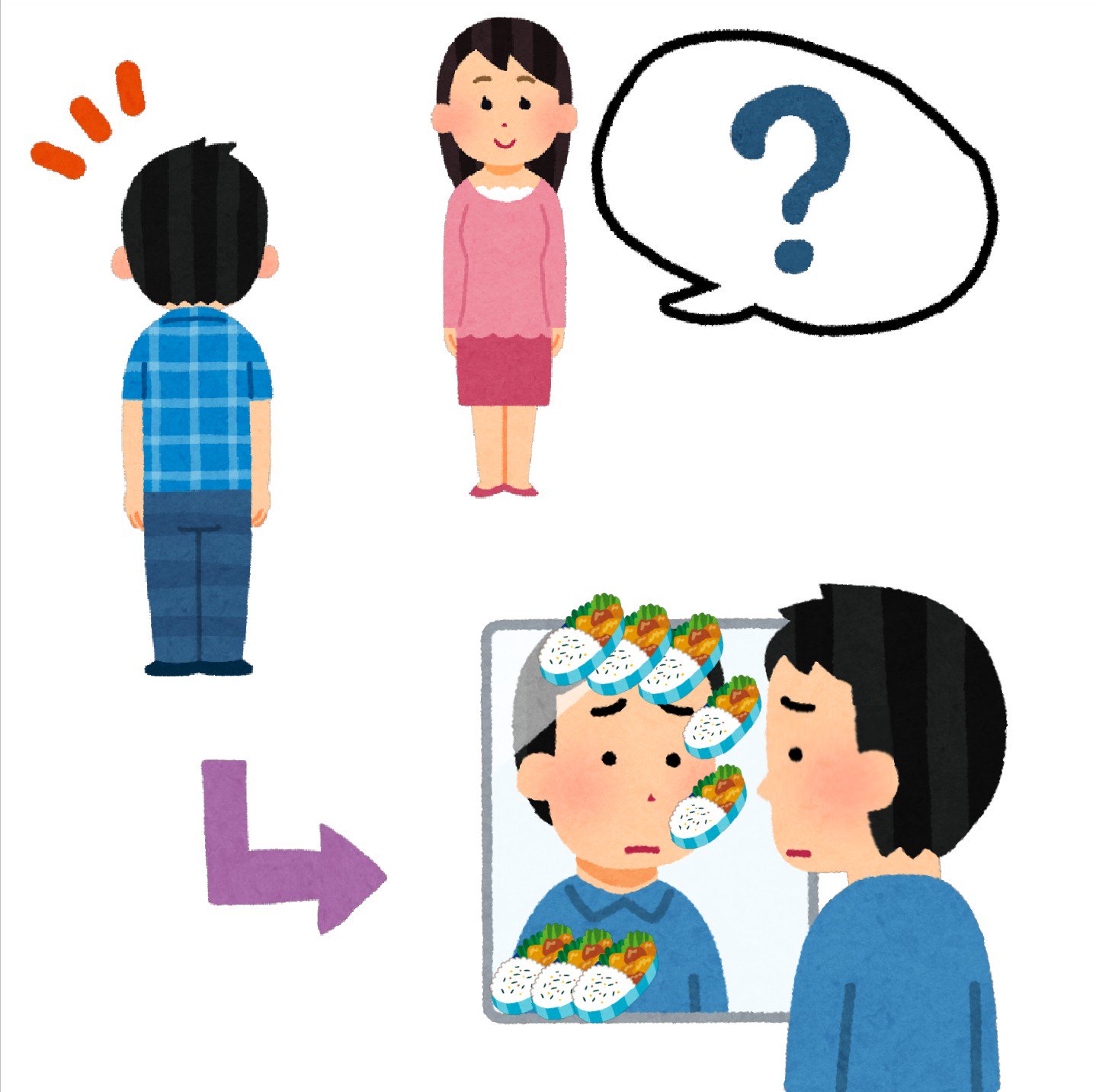 まいチクをいらすとやで再現 Dayukoume 再現難易度 使ったイラスト 8枚 ふきだしのイラスト 女性の立ち姿のイラスト 前向き 男性の後ろ姿のイラスト ポーズ 漫符のイラスト 気づいた記号 はてなマーク クエスチョンマーク 矢印のイラスト 直角