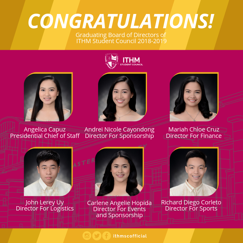 ithmscofficial's tweet photo. Today we thank our seniors who have compensated their time and effort to fulfill their responsibilities as our leaders. Congratulations to our ITHM SC Executive Board and Board of Directors for AY 2018-2019 who have graduated today!
#ITHMSC20182019
#AccelerateITHM
#inTENsifyITHM https://t.co/iMyMgZkA9W