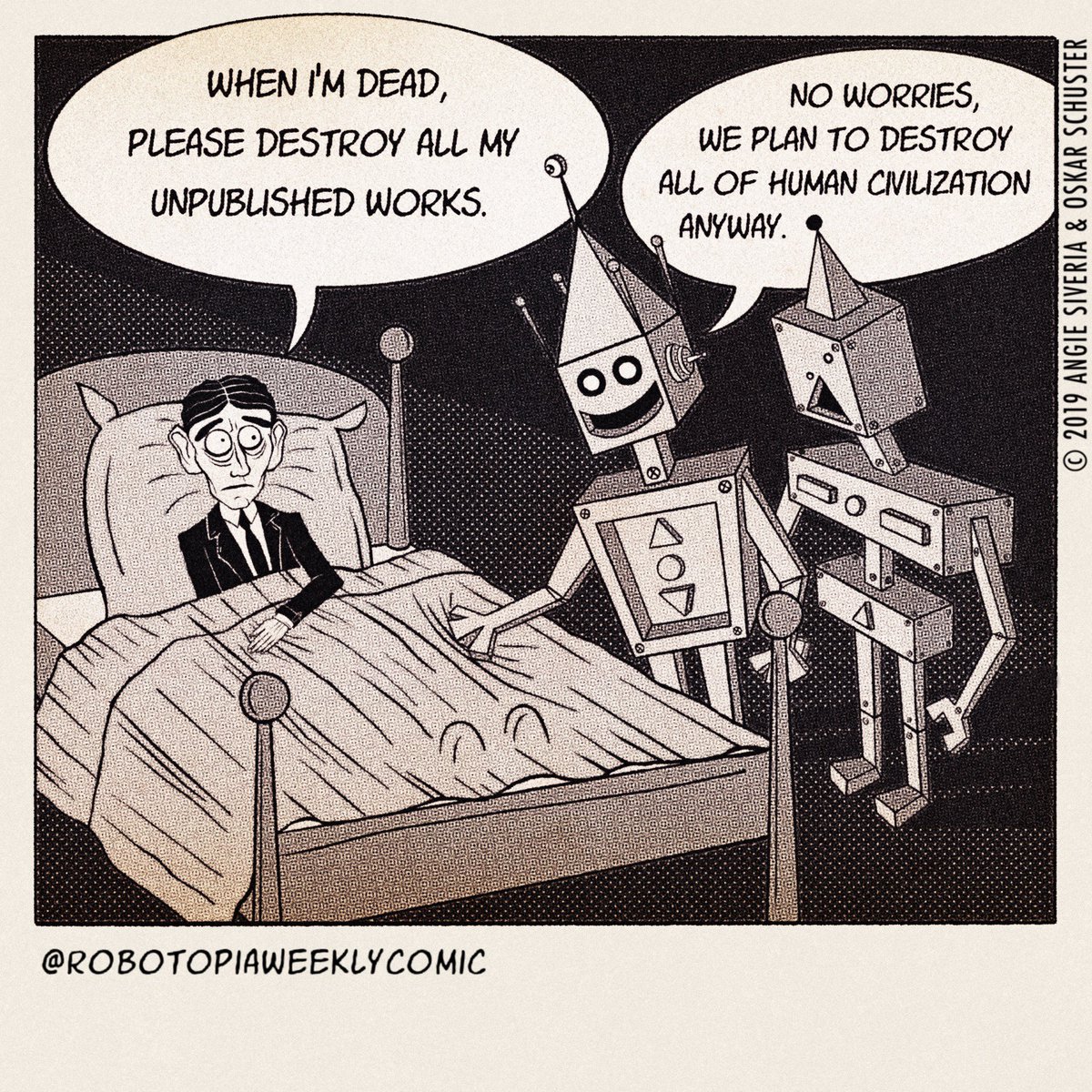 robotopiacomic's tweet photo. Happy birthday, Franz Kafka. #kafka #franzkafka #cartoon #MakeComics @supportcomics @promotecomics https://t.co/lvzaWdwiAY