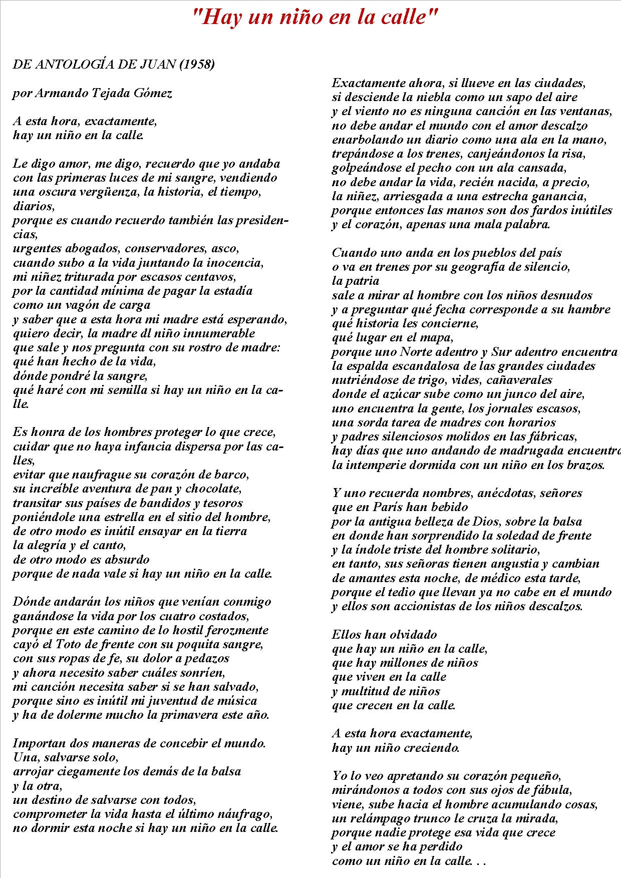 Cancion Porque Yo Si En Este Mundo Hay Millones Twitter 上的 Manuel Jardón："HAY UN NIÑO EN LA CALLE de Armando Tejada Gómez  (versión original, publicada en 1958) https://t.co/opdD8mnk5d" / Twitter