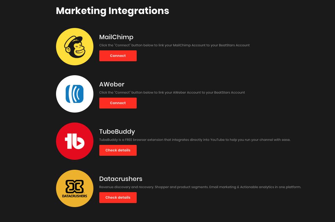 BeatStars's tweet photo. Connecting to other services is super easy on #BeatStars!
In addition to @Mailchimp & @AWeber, you can now connect to @TubeBuddy + @Datacrushers π
Get Started π https://t.co/2u78ahUKgR
#BeatStarsTips #MarketingIntegrations https://t.co/IfNZfujAtO