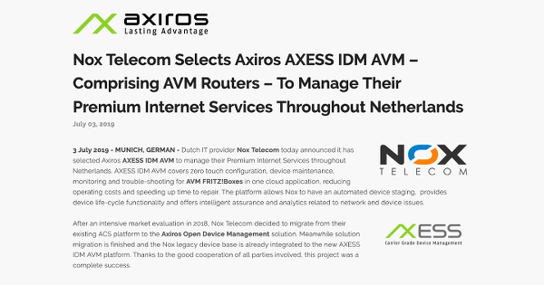 NoxTel's tweet photo. @MarcvanBracht RT @axiros1: HOT OFF THE PRESS: @NoxTel Selects #Axiros AXESS IDM AVM – Comprising AVM Routers – To Manage Their Premium Internet Services Throughout Netherlands! See: https://t.co/wMbfEuQTos https://t.co/IB5coSxUtg