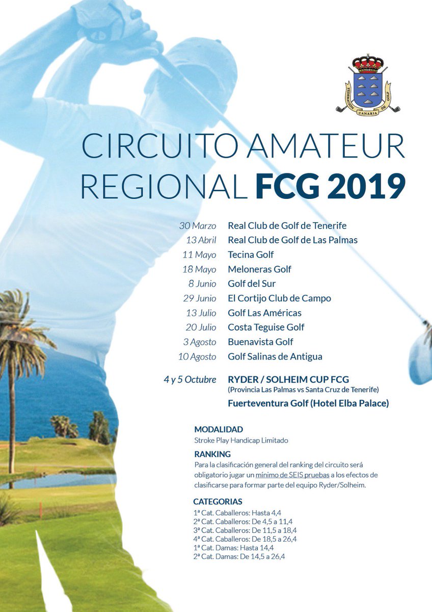 Próximo 20 de julio en Costa Teguise Golf, 8ª PRUEBA CIRCUITO AMATEUR REGIONAL F.C.G. 2019. Muy importante: hándicap EXACTO LIMITADO a 26,4 "caballeros y damas", inscripción de FORMA ONLINE "a través de la web de la Federación Canaria de Golf" ¡No esperes para reservar tu plaza!