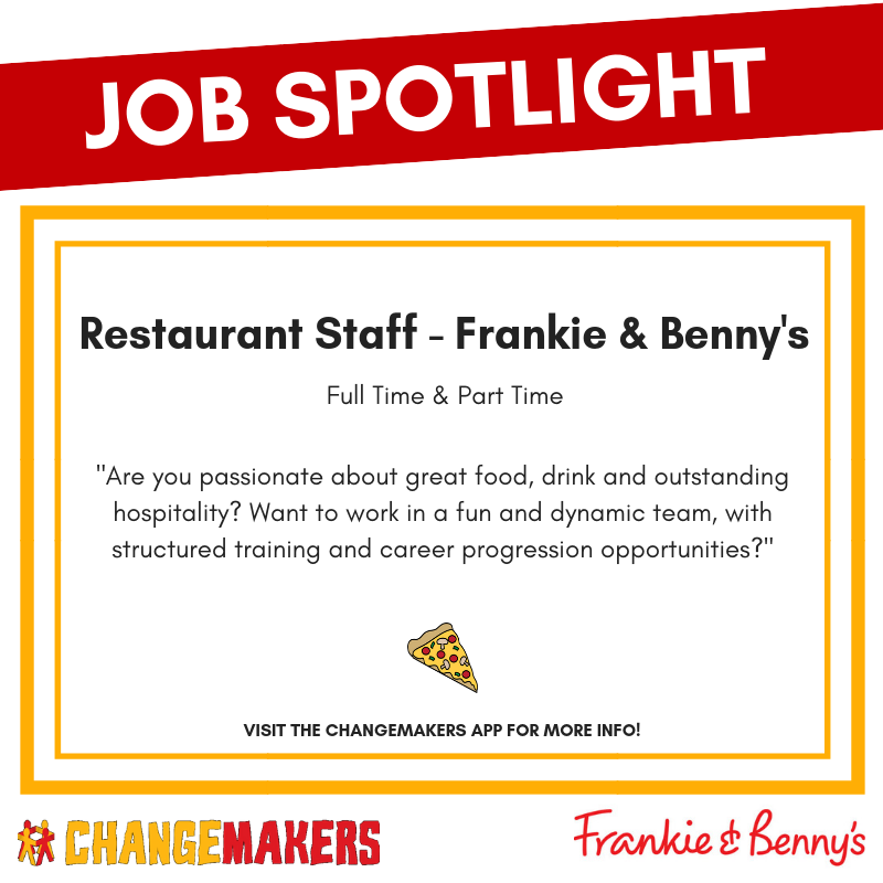 JOB SPOTLIGHT: Restaurant Staff - Frankie &amp; Benny's 🍽️

Learn more on the ChangeMakers app. #jobs #dundee #dundeejobs

Download the ChangeMakers app for FREE!
Apple: goo.gl/L0fhA1                             
Android: goo.gl/FA4RWj
