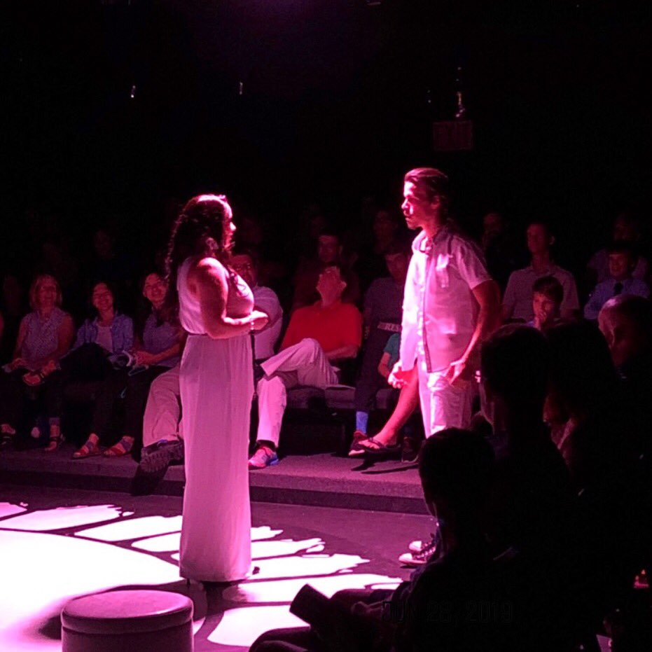 SummerShakes's tweet photo. “You have wrestled well &amp; overcome more than your enemies.” Our theatre space seats 200 people on four sides, so everyone is up close &amp; personal.... maybe too personal for guy on front row. But the ladies to the left love it! 3 chances to see AsYouLikeIt this summer: 7/8, 15, 22. https://t.co/jdvzaVVLA6