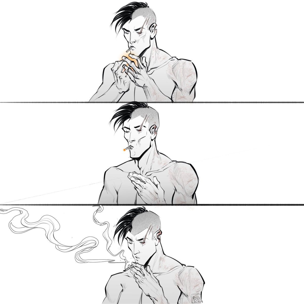 I love drawing scars and it's so interesting to me to imagine how it looks underneath his eyepatch but even I`m not used to draw Tom without his eyepatch, he looks so different to me so I added another version with the patch