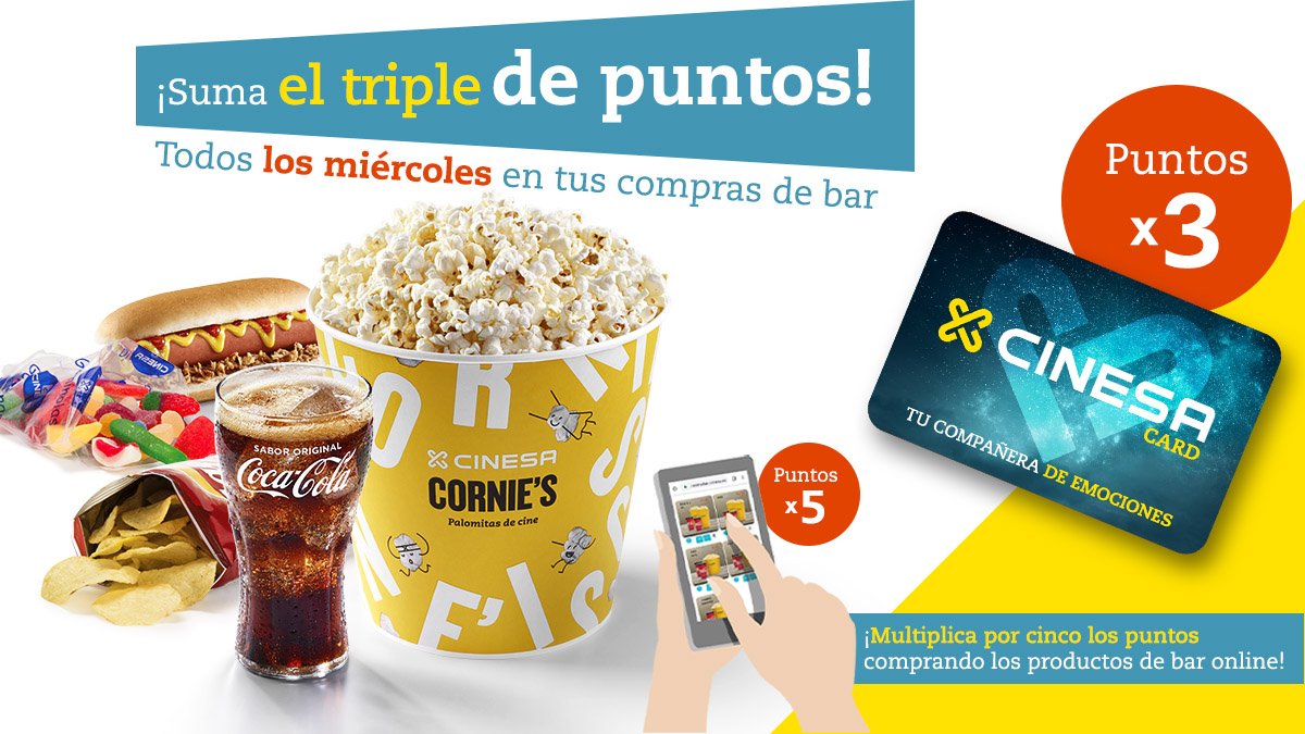 Cinesa's tweet photo. ¡Cineser@s! ¿Qué plan tenéis para hoy? ¡Ven a disfrutar de una increíble sesión de cine en #Cinesa! 🍿 Además, en tus compras de bar acumularás el triple de puntos en tu CinesaCard todos los miércoles hasta el 4 de septiembre😜👉🏼
https://t.co/RxlykGuZKy https://t.co/4769fEO5hV