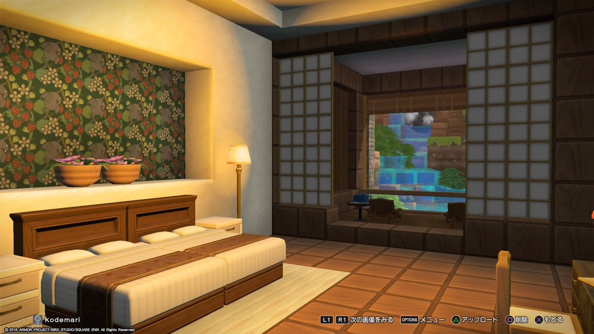 こでまり 緑の開拓地に小さなホテルを作り始めました 内装と外装どちらも頑張りたくて とりあえず客室からチャレンジ 滝が見える部屋と 和風の庭が見える部屋ができましたー 廊下にはrtした Amisuke9999 さんの細柱を使ったオブジェクトを飾りまし
