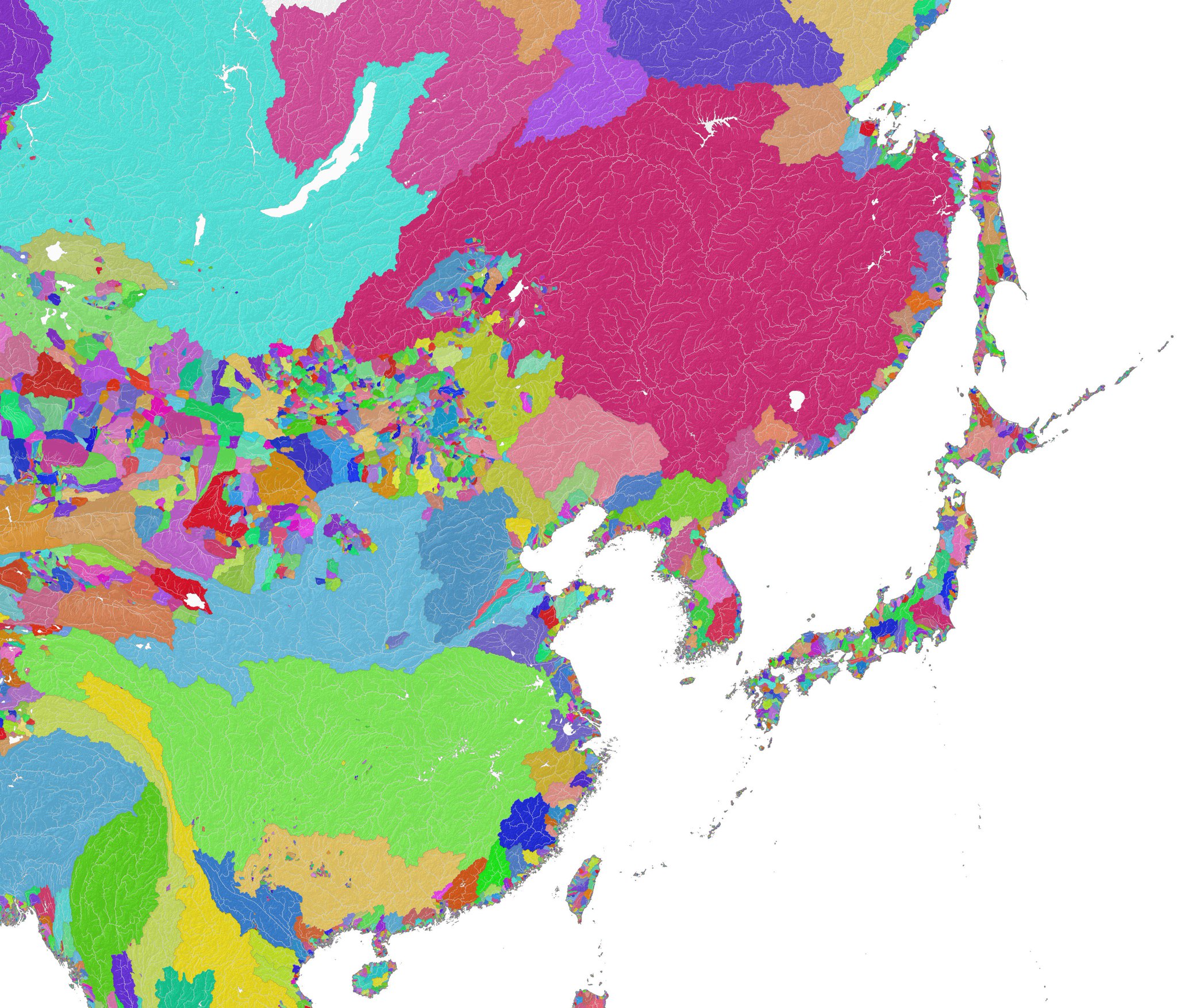 にゃんこそば データ可視化 流域地図の国際版 まずは東アジアから 日本に近い地域ではアムール川 濃赤色 黄河 長江の存在感が大きい バイカル湖から流れるエニセイ川水系は 流域面積がユーラシア大陸で最大 利根川 石狩川も流域面積は広いけど