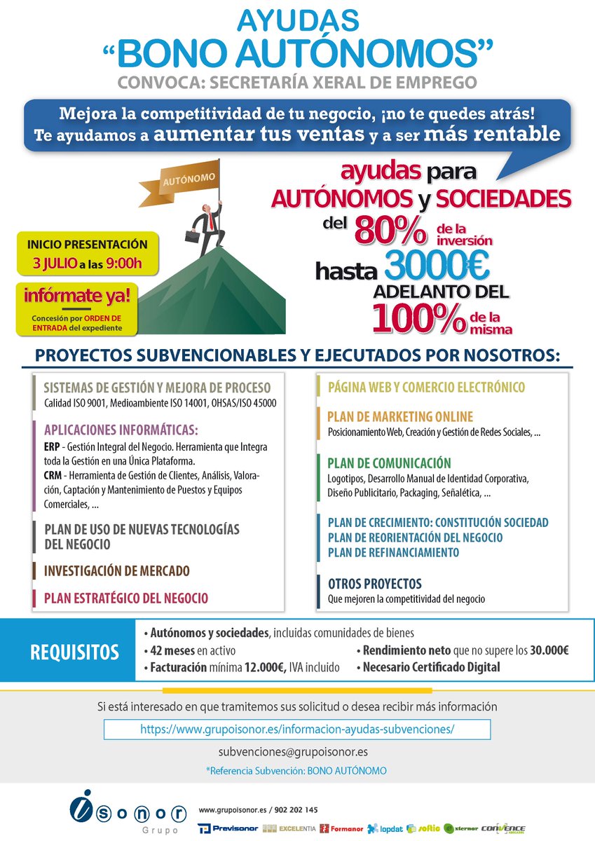 Desde hoy está abierto el plazo para solicitar el Bono Autónomo, con el que conseguir una subvención anticipada de hasta 3.000€ para proyectos e inversiones para la mejora de la competitividad de tu empresa.

¡Aprovecha esta oportunidad!

#AyudasGalicia