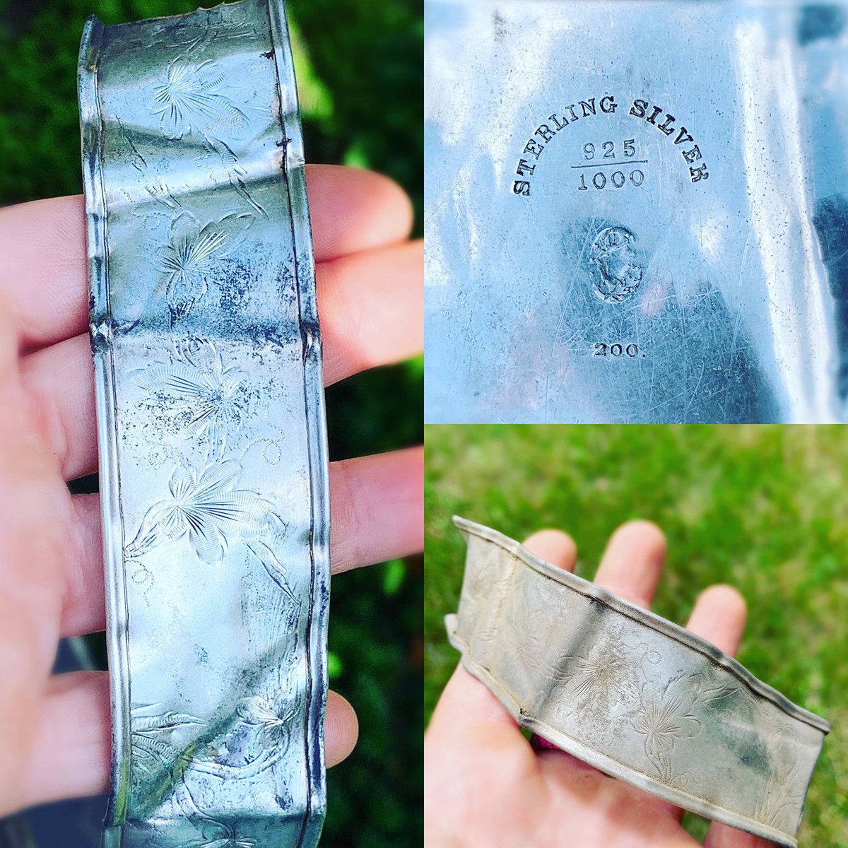 Whoa!! What a big piece of sterling silver!!
Love this!! 
I believe it’s a napkin ring. 
💙💚💙
#metaldetecting #napkinrings #sterlingsilver #vintagesilver #dirtfishing #treasurehunting #whiteselectronics