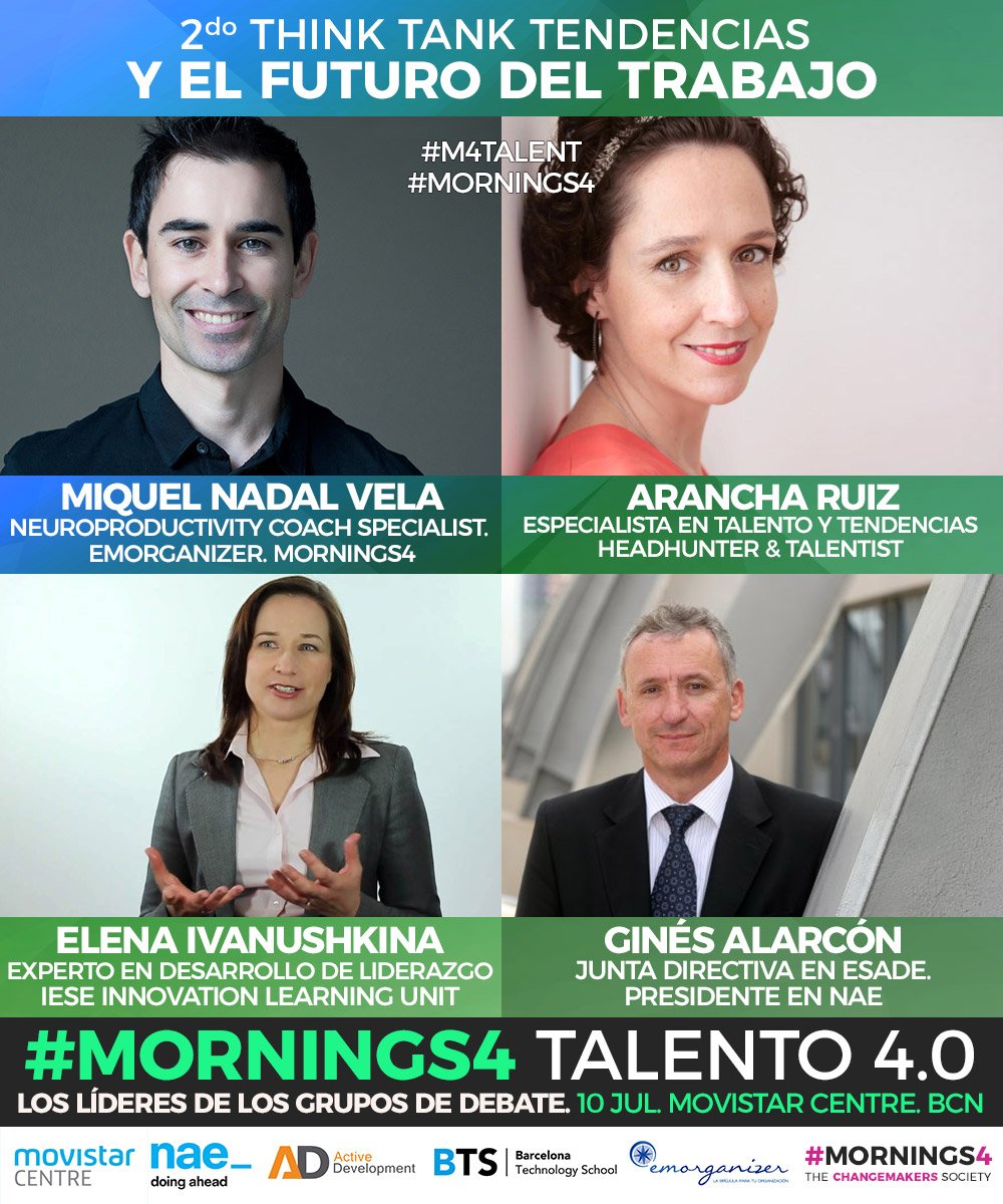 #MORNINGS4 (@mornings4_0) on Twitter photo El espectacular elenco de los líderes de los grupos de #debate de nuestro 2do #ThinkTank sobre #Tendencias y el #FuturodelTrabajo el próximo 10 de Julio en <a href="/MovistarCentre/">Movistar Centre</a> en Plaza Cataluña de #Barcelona con <a href="/activede/">Active Development</a> <a href="/bts_campus/">Barcelona Technology School</a> <a href="/Nae_es/">Nae</a> <a href="/MNadalVela/">Miquel Nadal Vela</a>
mornings4.com/2do-think-tank… El espectacular elenco de los líderes de los grupos de #debate de nuestro 2do #ThinkTank sobre #Tendencias y el #FuturodelTrabajo el próximo 10 de Julio en <a href="/MovistarCentre/">Movistar Centre</a> en Plaza Cataluña de #Barcelona con <a href="/activede/">Active Development</a> <a href="/bts_campus/">Barcelona Technology School</a> <a href="/Nae_es/">Nae</a> <a href="/MNadalVela/">Miquel Nadal Vela</a>
mornings4.com/2do-think-tank…
