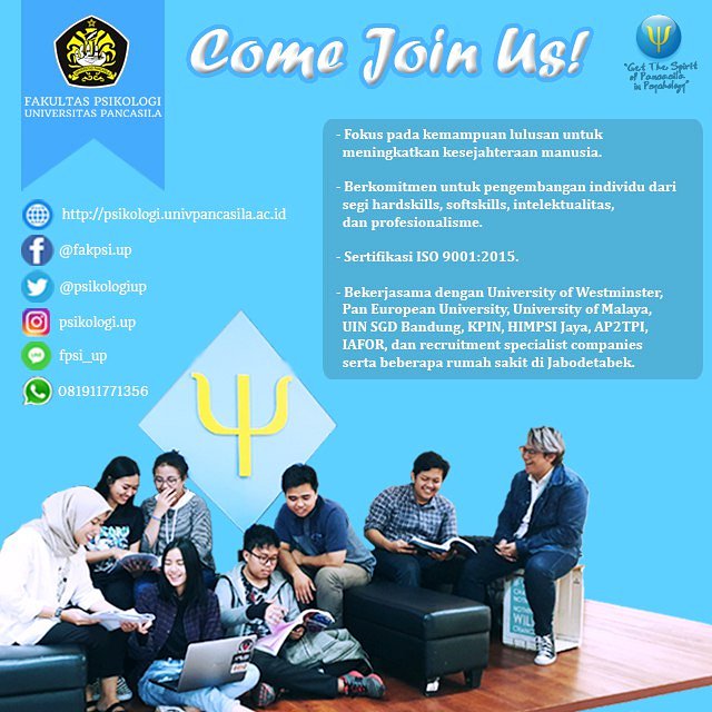 Come join us!

Yuk, daftar sekarang dan jadi bagian dari Fakultas Psikologi Universitas Pancasila.

#PsikologiUP #UniversitasPancasila #PsikoUP #PsychoUP #Psikologi #Psychology #FakultasPsikologi #FakultasPsikologiJakarta