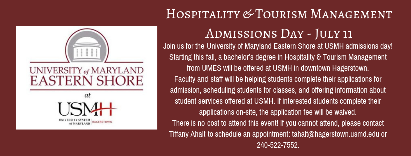 GA_Chamber's tweet image. Hospitality &amp;amp; Tourism Management Admissions Day:
Join us for the UMES at USMH admissions day! Starting this fall, a bachelor’s degree in Hospitality &amp;amp; Tourism Management from UMES will be offered at USMH in downtown Hagerstown. eventbrite.com/e/hospitality-…