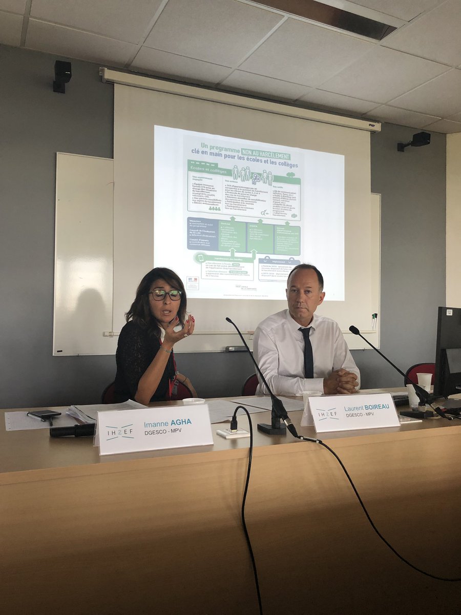 alain_vuong's tweet photo. 📌 Séminaire national EMS @Ih2ef 👉🏽 Intervention @imanne_nah et @boireaulaurent le plan de prévention avec un programme #NonAuHarcelement clé en main pour les écoles et les collèges pour la rentrée scolaire 2019-2020 @EducationFrance #MMPLVMS https://t.co/9tNDwmos0i