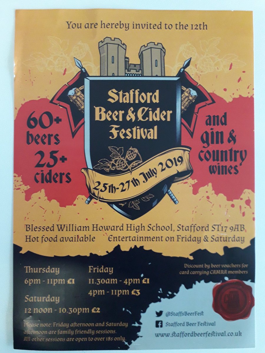 The 12th Stafford Beer &amp; Cider Festival is just around the corner!

Sample more than 60 beers, and over 25 ciders, plus a great selection of gins and wines too.

25th-27th July, Blessed William Howard High School.

#tasteofstaffs #staffordshire #stafford <a href="/StaffsBeerFest/">Staffs Beer Festival</a>