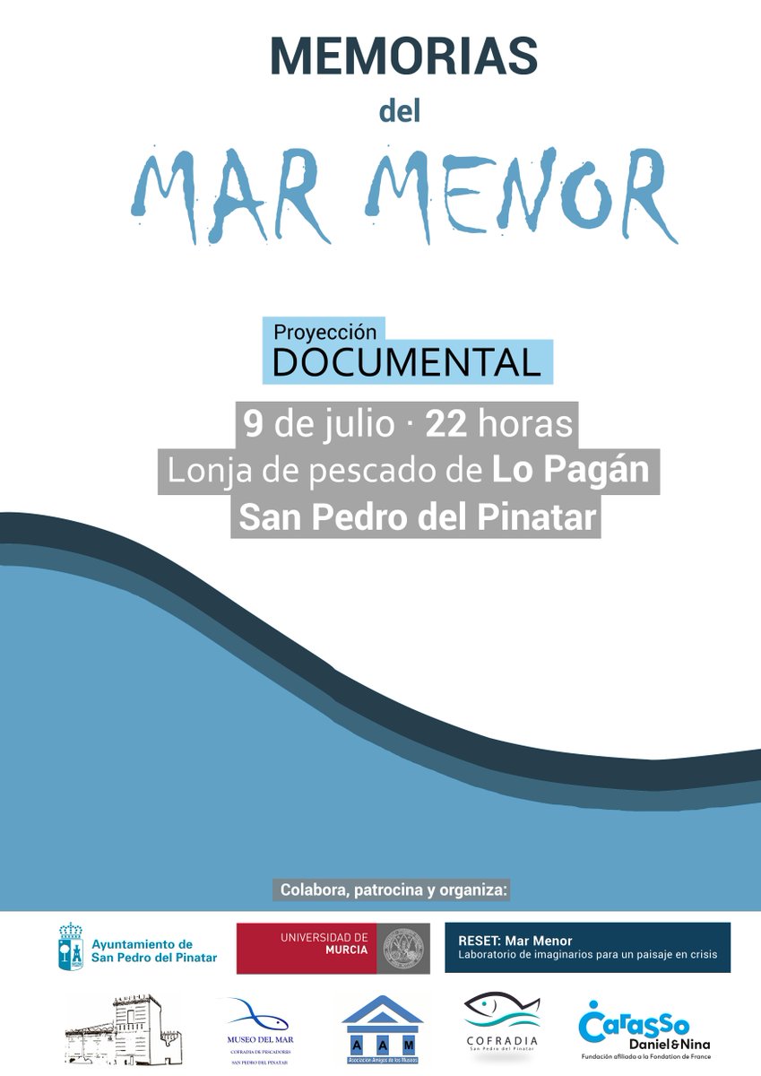 El próximo martes 9 de julio, a las 22 horas, en la Lonja de Pescado de Lo Pagán, estrenamos el documental 𝗠𝗲𝗺𝗼𝗿𝗶𝗮𝘀 𝗱𝗲𝗹 𝗠𝗮𝗿 𝗠𝗲𝗻𝗼𝗿. ¡Os esperamos!
+Info en: marmenorlab.org/portfolio/memo…
Colabora <a href="/CofPescSanPedro/">Cofradía San Pedro</a>
<a href="/fdnc_es/">Fundación Daniel y Nina Carasso</a> y @PinatarInfo.
#MarMenor #ResetMarMenor