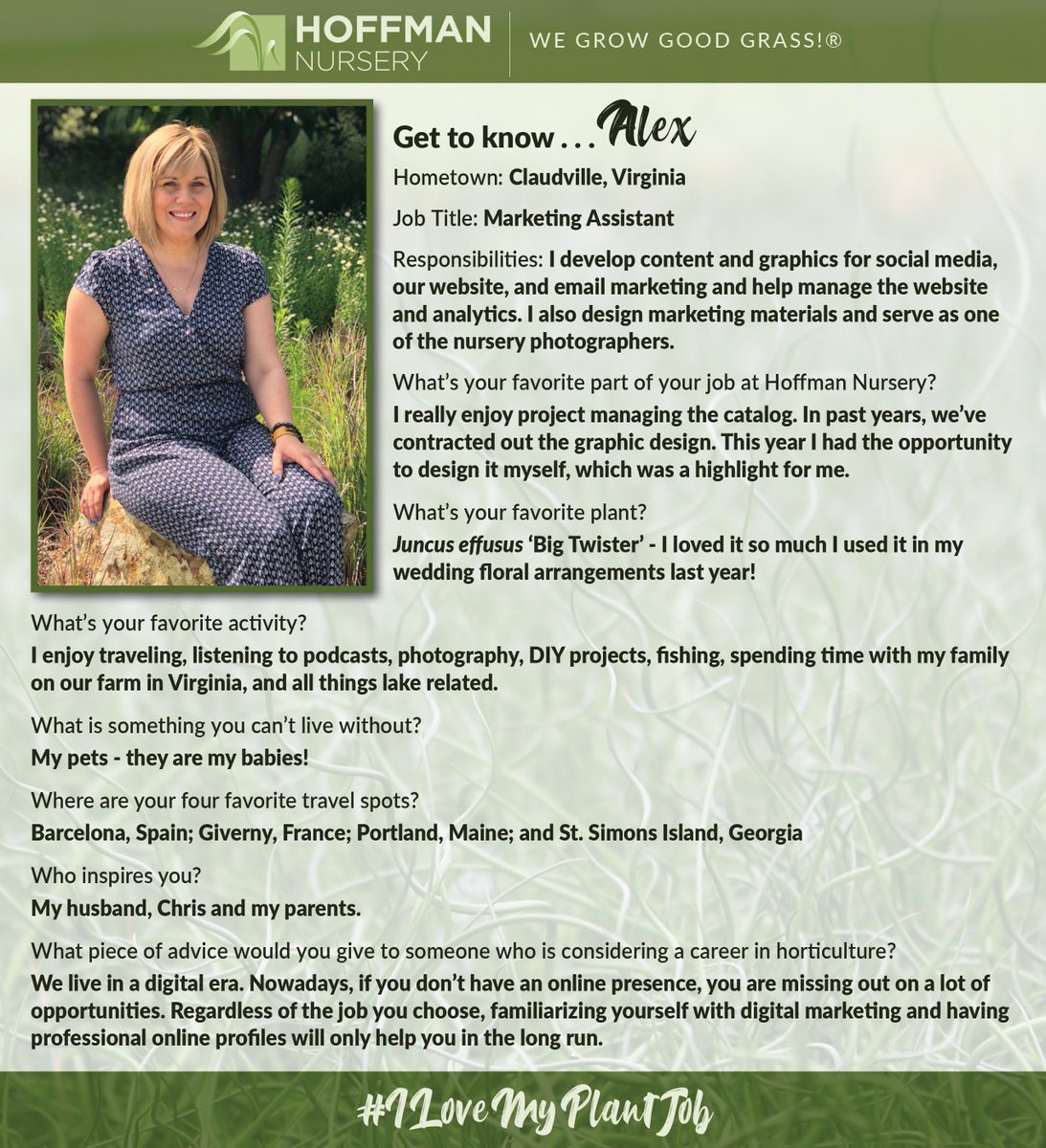 GrassSolutions's tweet photo. Get to know Alex from our Marketing Department!
#HoffmanNursery #GoodGrassGoodPeopleGoodJobs
#ILoveMyPlantJob @seedyourfuture https://t.co/xJ4l96KD4a