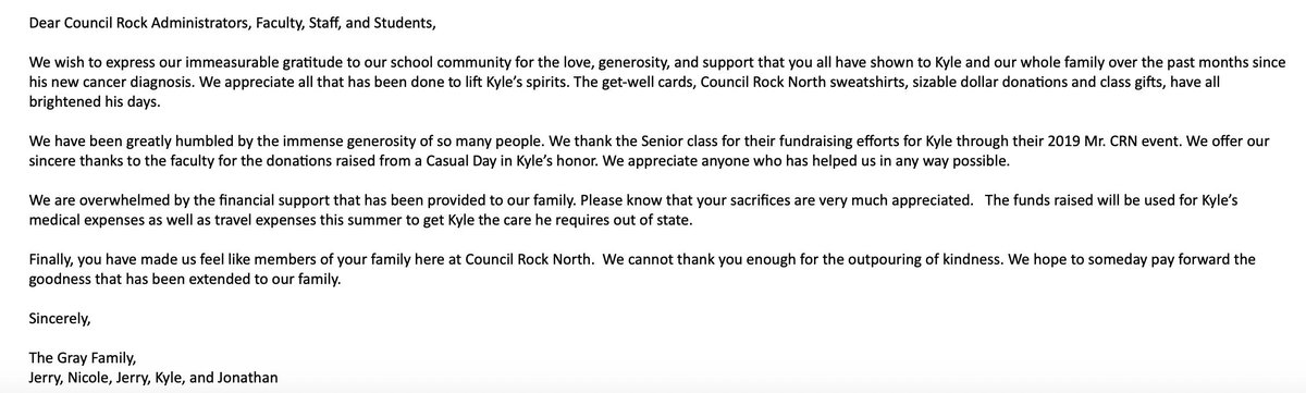 SEB_CRN's tweet photo. Thank you to all who helped raise money for Kyle for his battle with cancer. The Gray Family is very appreciative, and so are we. Thank You!! @CRNorthNews @CouncilRockSD @CRNAthletics @CRNCounseling @CRParents1 @fraser_robert #SmileForKyle #MrCRN #CRNPride https://t.co/T5PVYYNOVs