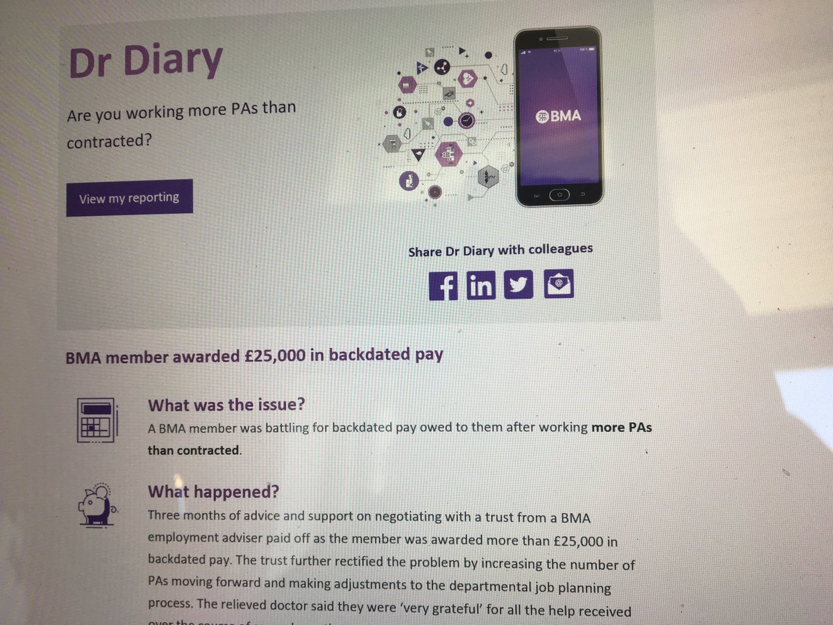 BMAAnneJ's tweet photo. Are you working more PAs than contracted?? You need to look
At the #BMA #DrDiary job planning app-See below how @TheBMA helped a member secure £25,000 in backdated pay Free for BMA members to use!Join the BMA now and don’t pay any fee until Oct! Via link https://t.co/9OWBuPQeRo https://t.co/dMjOaOZthC