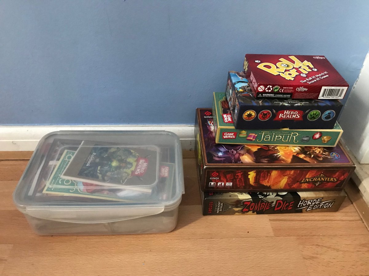 Paul_Simister's tweet image. ⁦@ZatuGames⁩ that’s our hand luggage games. Might make some changes for this years trips. #rollforit #herorealms #jaipur #enchaters #zombiedice