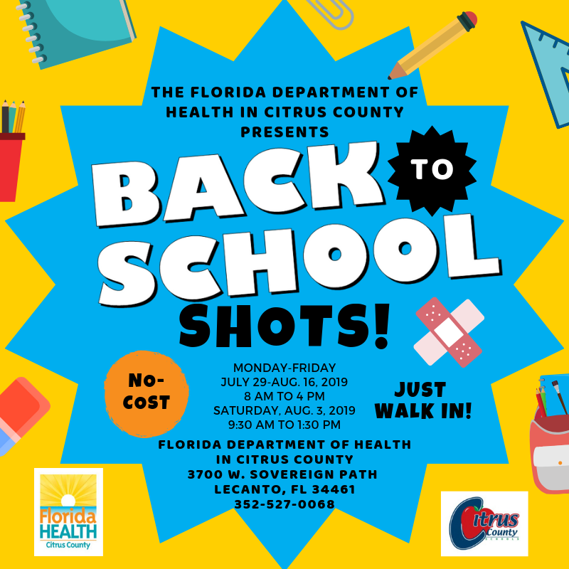 No-cost, no appointment, no hassle! Get your child's #backtoschool shots taken care of starting on Monday, July 29. One Saturday clinic available on Aug. 3, too. Visit CitrusCountyHealth.org for details.