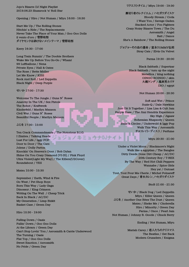 JojoDjNight's tweet photo. 2019.06.23
@shmrcknrollstar にて開催したジョジョの奇妙なDJナイトのプレイリストです🐞💎💜
来てくださった皆様、関わってくださった皆様、本当にありがとうございました！ https://t.co/F87QKPOTw8