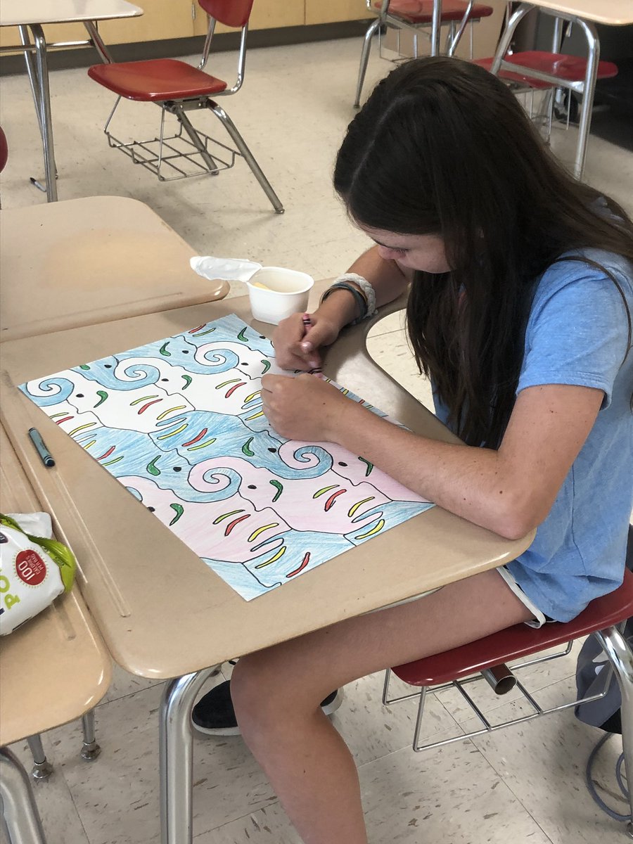 Mrs_Yapkowitz's tweet photo. Day 3! Today, we used water colors and/or crayons to illustrate our tessellation projects! They all look amazing!!!  #steamcamp2019 #math #art #tessellations #workinghard https://t.co/xX0I3brC4F