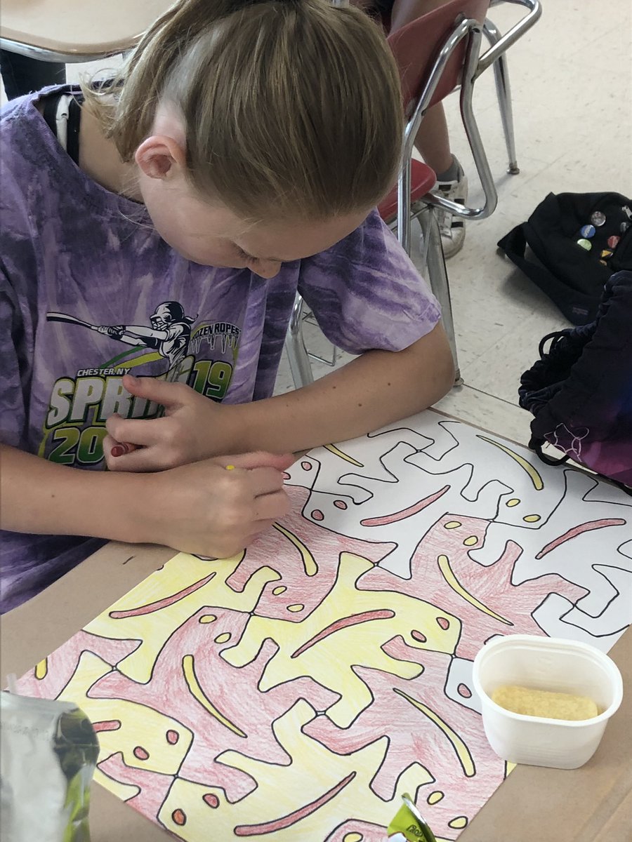 Mrs_Yapkowitz's tweet photo. Day 3! Today, we used water colors and/or crayons to illustrate our tessellation projects! They all look amazing!!!  #steamcamp2019 #math #art #tessellations #workinghard https://t.co/xX0I3brC4F