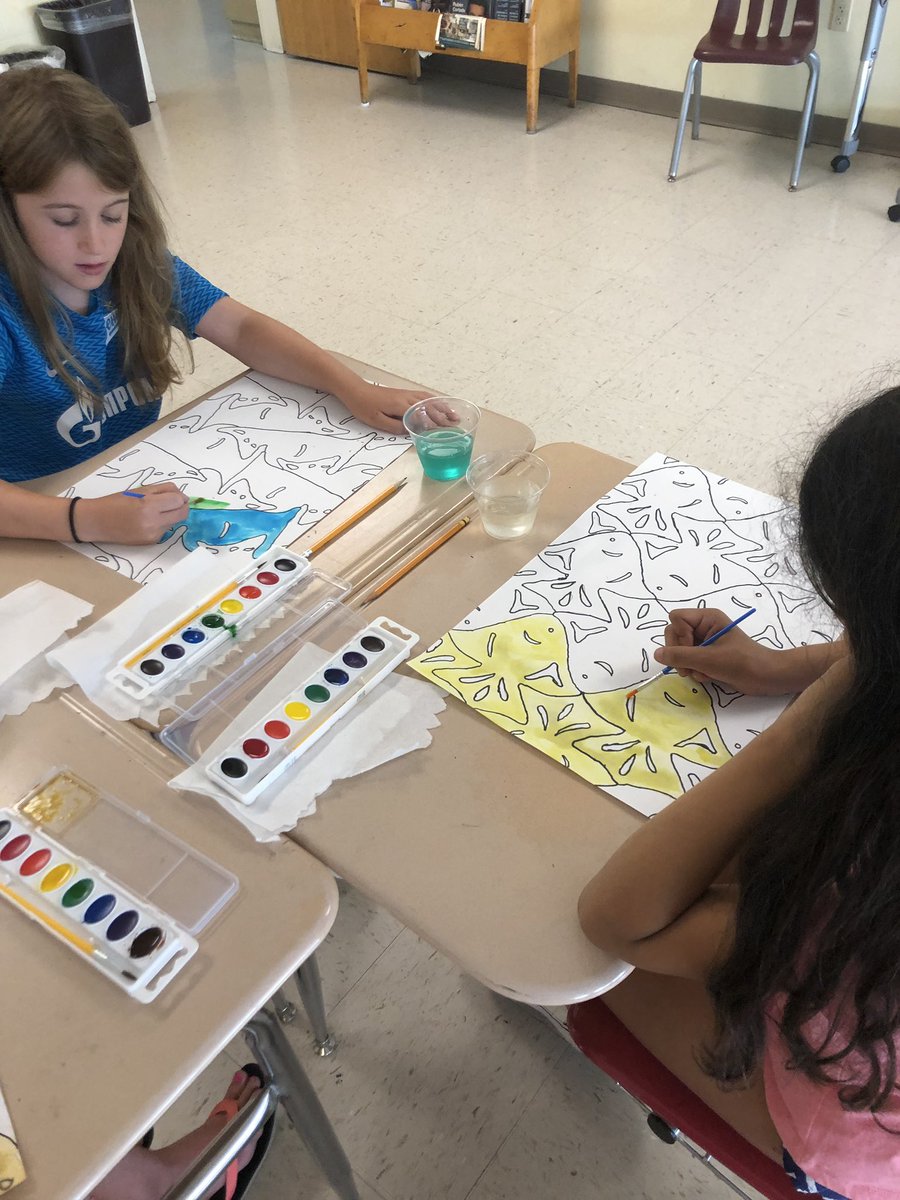 Mrs_Yapkowitz's tweet photo. Day 3! Today, we used water colors and/or crayons to illustrate our tessellation projects! They all look amazing!!!  #steamcamp2019 #math #art #tessellations #workinghard https://t.co/xX0I3brC4F